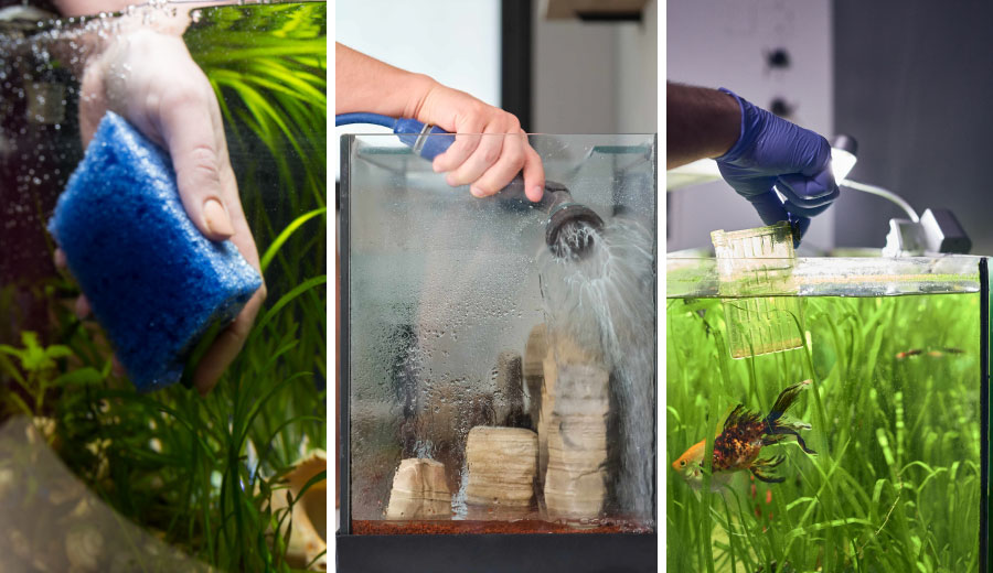 collage of 3 hands cleaning 3 tanks